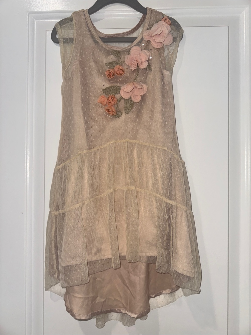 Girls Cream Floral Appliqué Layered Party Dress